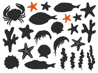 Marine inhabitants vector hand drawn illustrations set. Doodle fish types vector drawing. Collection of various sea animals of the underwater world. Seafood design element.