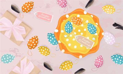 Easter Greetings banner with gift box, Easter Eggs, feathers, plates on abstract background, spring