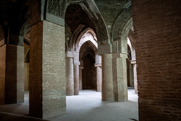 Ancient columns of hypostyle hall inside the Jameh Mosque of Isfahan.