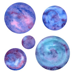 Obraz na płótnie Canvas Handdrawn watercolor set of planets isolated on white background. Aquarelle circles. Watercolor texture paper. Blue purple color. Paint design template.