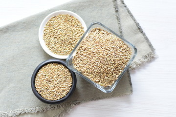 birdseed seeds, food for birds, displayed in containers on cloth bottom