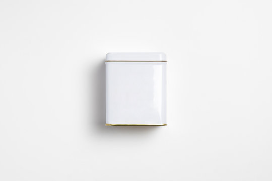 White square Tin Packaging Mock up on white background. Tea, coffee, dry products.Tin Can.High resolution photo.