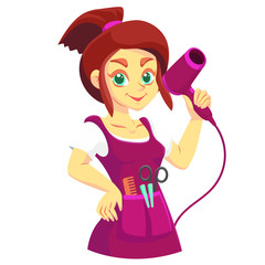 Vector drawing of a woman hairdresser in an apron holding a hair dryer in her hand.