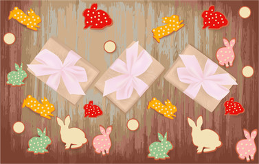 Easter banner with gift box, bunny cookies on a wooden table, spring