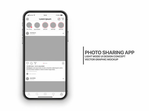 Instagram Photo Sharing Mobile App UI and UX Concept Vector Mockup in Light Mode on Frameless Smart Phone iPhone Screen Isolated on White Background. Social Network Account Bright Design Template