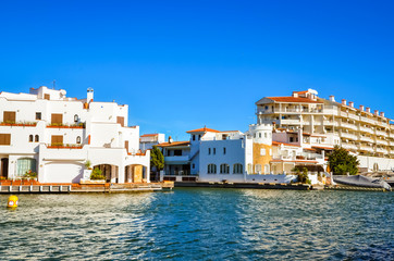 Fototapeta na wymiar Summer panorama of Empuriabrava with yachts, boats and waterways in Costa Brava, Catalonia, Spain