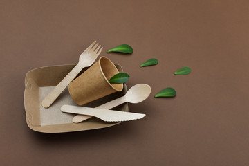 Zero waste, environmentally friendly, disposable, cardboard, paper tableware View from the top
