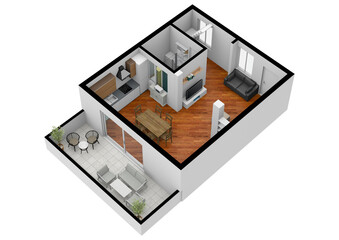 Fototapeta premium Living space with using colors and textures. Floor plan top view. 3d.