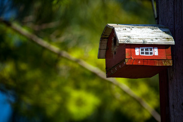 Cute wooden bird house in tree.