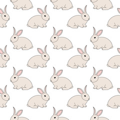 Seamless pattern with bunny, fluffy pet, farm (domestic) animal, isolated on white background. Cute print with colored graphic elements for textile, fabric, wrapping paper, scrapbooking, web design