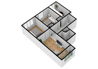 Living space with using colors and textures. Floor plan top view. 3d.
