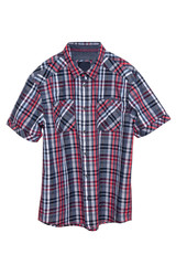 Checked shirts. Close-up of a red black and white tartan or plaid shirt for mens isolated on a...