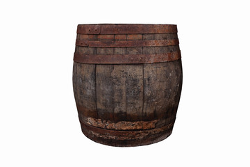 Old, brown, wooden barrel on the white background, cut out
