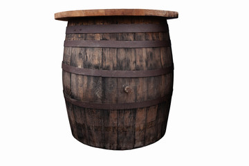 Old, brown, wooden barrel on the white background, cut out