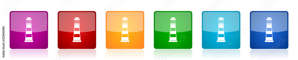 Aufkleber Lighthouse icon set, navigation, sea colorful square glossy vector illustrations in 6 options for web design and mobile applications