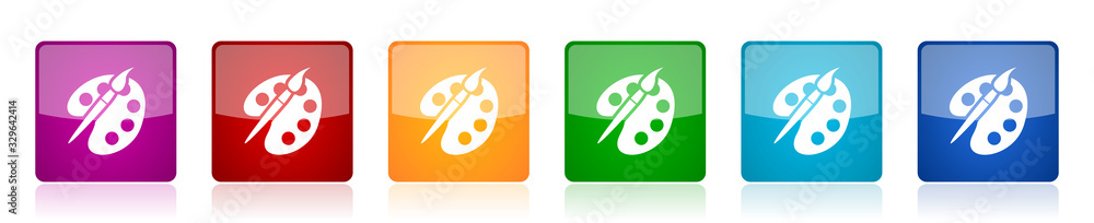 Aufkleber Paint brush icon set, palette, art colorful square glossy vector illustrations in 6 options for web design and mobile applications