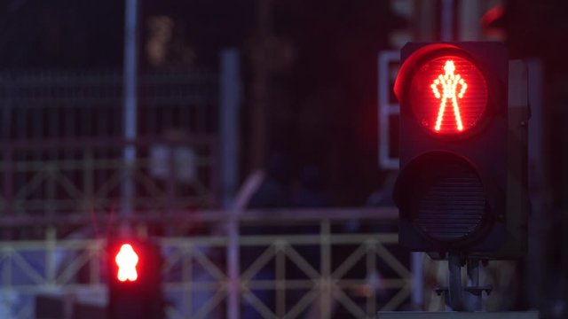 Traffic light on Subway train depart of suburban station. Night