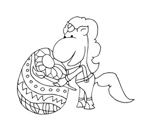 Coloring book for kids - Happy Easter greeting card with unicorn. Black and white cute cartoon hand drawing kids. Vector illustration.	