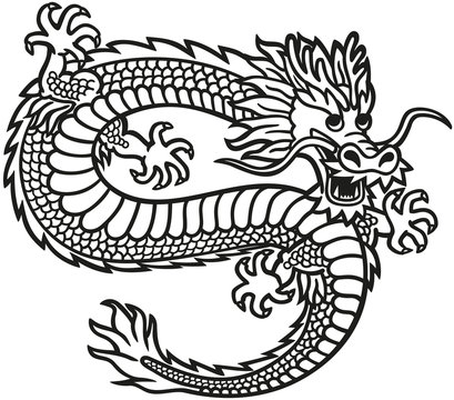 Emblem with the image of a flying Chinese dragon.