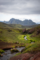 Green field with moss and mountain peak on the Laugavegur hiking trail, Iceland