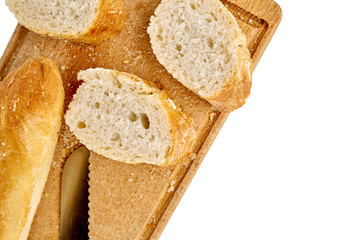 French lunch, breakfast baguette, Fresh natural French baguette, natural wooden cutting board, morning pastries from the bakery, delicate baguette, golden crust