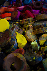 Close up of a pile of  Art paints in a secondary school in Britain 