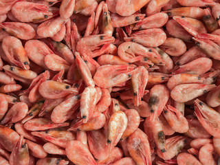 Close-up of a pile of frozen pink shrimps. Natural pink seafood background