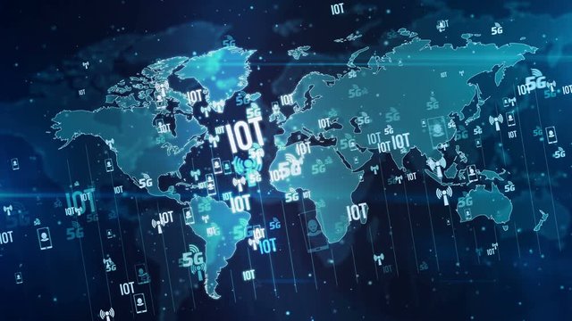 5G mobile communications, iot and digital wireless network symbols on digital world map loopable seamless 3d animation. Abstract concept background of future technology, business globalization.