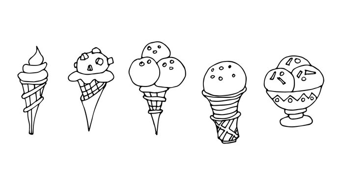 Cute fabulous ice cream with outlined for coloring book isolated on a white background. Vector illustration of hand drawn black and white food.	