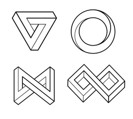 Impossible geometry shape. Optical Illusion. Line design. Unpeal geometry symbols vector set. Escher paradox impossible geometry geometric graphic. - obrazy, fototapety, plakaty