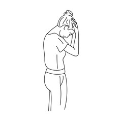 Health And Pain. Stressed Exhausted Young Woman Having Strong Tension Headache. Hand drawn style vector design illustrations.