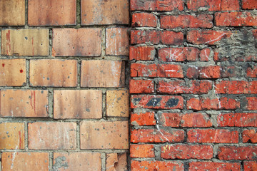 The texture of two walls - the first with tiles, and the second of red brick, they are worn and decrepit, for templates