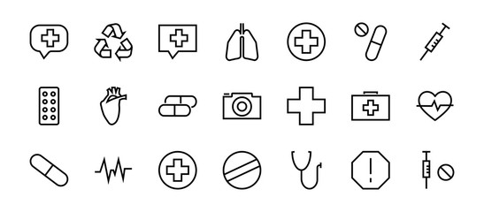 Simple Set of Medicine, Pills Related Vector Line Icons. Contains icons such as Pain, Syringe, tablet and more. Editable stroke. 480x480 pixels perfect, on a white background