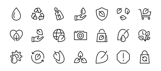 Ecology Icon Set, Vector lines, contains icons such as photosynthesis, Enviroment protection, Eco-friendly package, growth time, Editable stroke, perfect 48x48 pixels, White background
