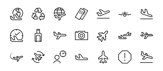 A simple set of airport related vector line icons. Contains badges such as departure, boarding, waiting time, boarding, find a place to travel tickets, and much more. Editable stroke. 48x48 pixels
