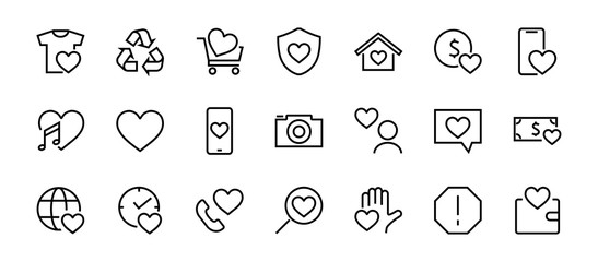 The set of icons about love contains such icons as love of music, declaration of love, heart, favorite home, Linear set. Vector on a white background. Editable stroke. 480x480