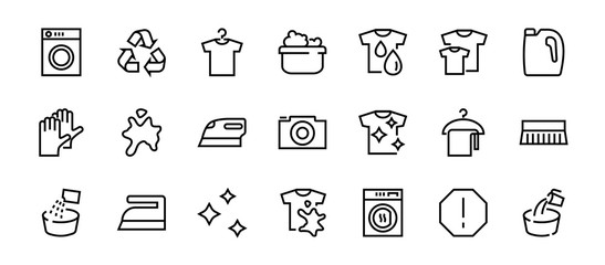 Simple set of washing related vector line Icons. Contains icons such as washing machine, powder, laundry, dirty t-shirt and much more. On a white background, editable stroke. 48x48 pixels perfect