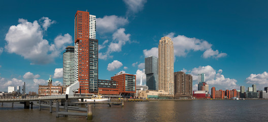 Rotterdam, The Netherlands, march 2020: panoramic view of the Rotterdam skyline at the Rijnhaven, beautiful sunny day, panorama