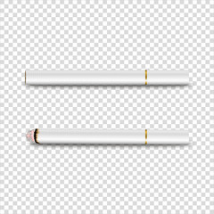 Vector 3d Realistic White Clear Blank Whole and Lit Cigarette Set Closeup Isolated on Transparent Background. Design Template. Smoke Problem Concept, Tobacco, Cigarette Mockup. Front, Top, Side View