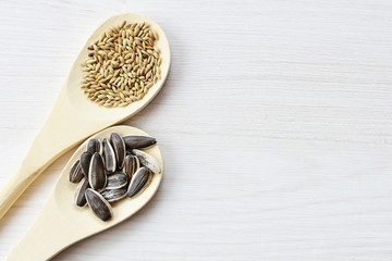 Obraz na płótnie Canvas Birdseed and natural sunflower seeds, food for birds, displayed in containers on white wooden background