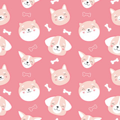 Fase dogs seamless pattern. Cartoon vector illustration for background, textile, fabric, wrapping, fabric, wallpaper. Animal print on a pink background.