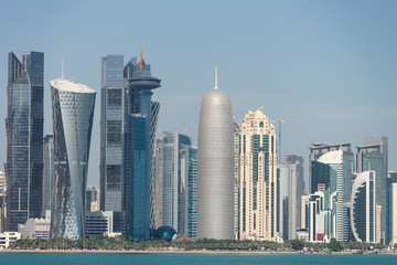 Fototapeta na wymiar View of city center with skyscrapers from the other side of sea in Doha, Qatar 