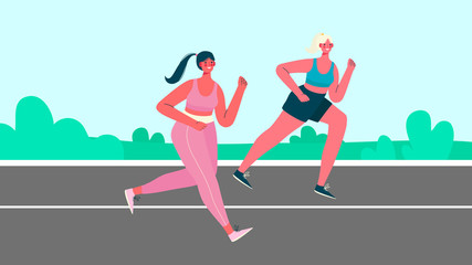 Women dressed in sportswear running through park. Morning jogging. Active and healthy lifestyle. Sports competition, outdoor workout or exercise, athletics. Flat cartoon colorful vector illustration.