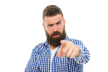 Hey you. Well groomed hipster looking at camera. Hipster with mustache and long beard. Man mature...