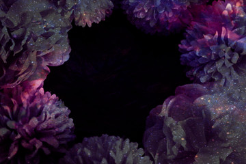 Beautiful abstract color blue pink and purple flowers on black background and blue graphic white...