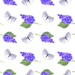 Watercolor pattern of butterflies and branches of lilac on a white background