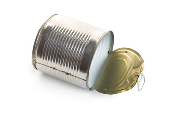 Opened metal tin can, isolated on white background