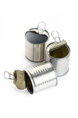 A lot of uncovered metal tin cans isolated on a white background