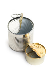 Open two empty tin cans on a white background
