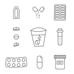 Medicines and tablets, pills capsules medical. Vector set of black icons